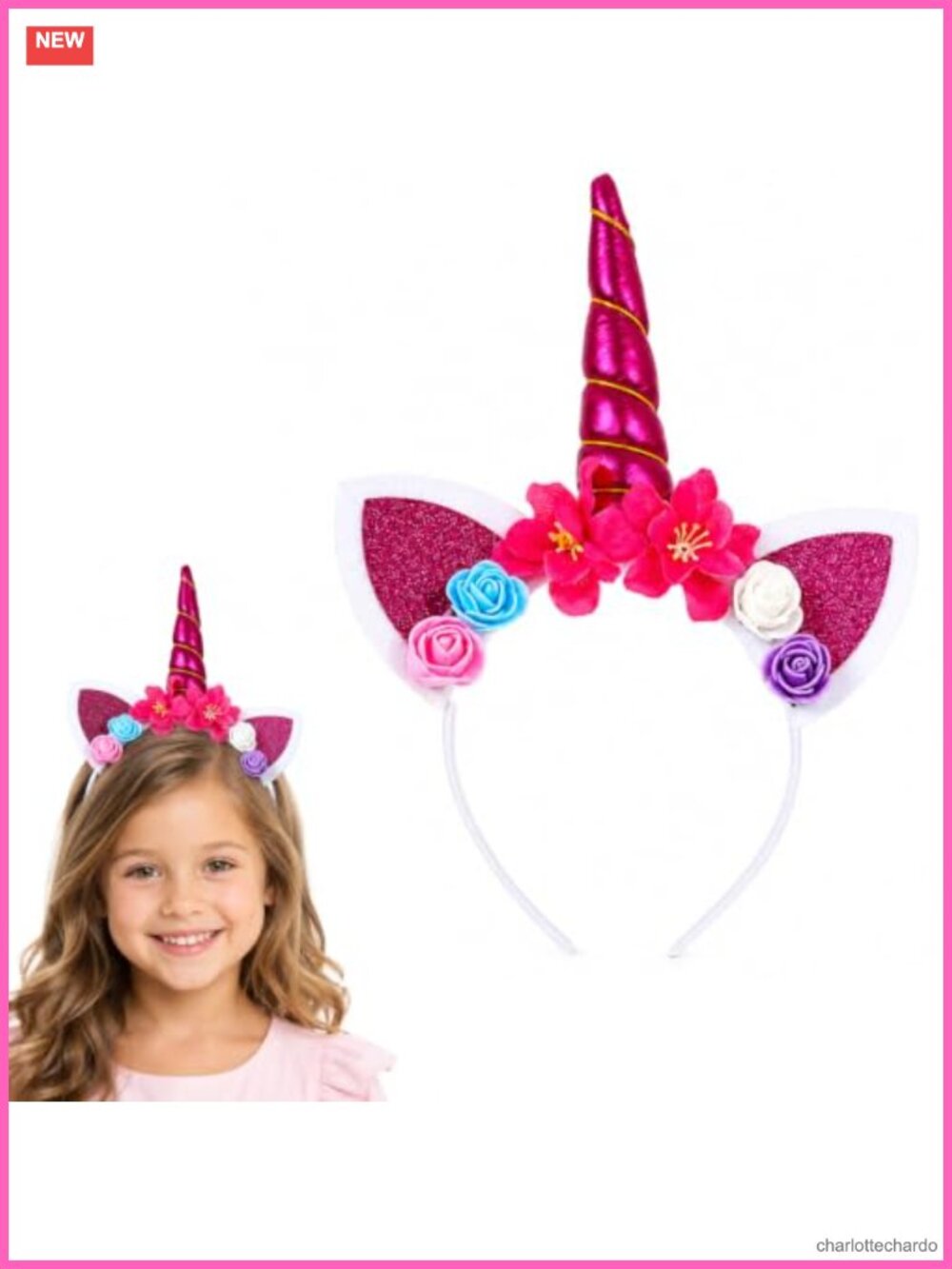 Unicorn Cat Ears Headband with Glitter Horn and Fabric Roses Costume Accessory